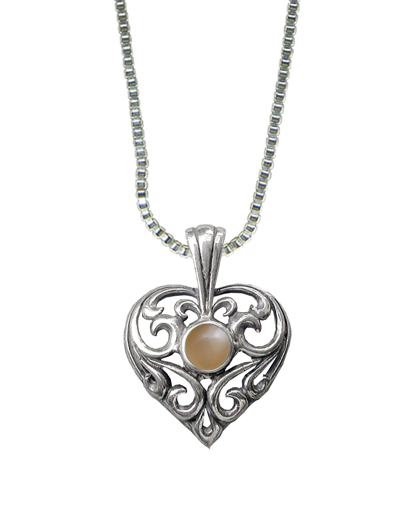 Sterling Silver Exceptional Filigree Heart Pendant With Peach Moonstone